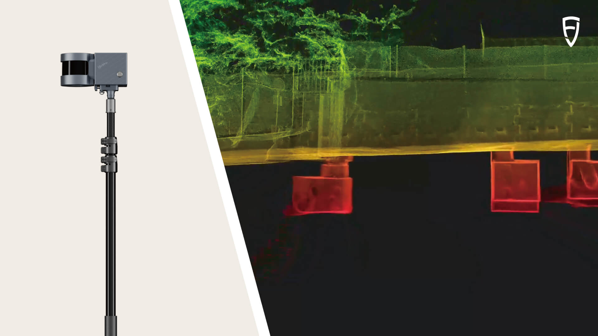 Усталюйце лазерны сканер на падаўжальную стойку, каб адлюстраваць цяжкадаступныя месцы, напрыклад пустэчы ў столі, праверку аб'ёмаў, праверку інфраструктуры і аналіз запасаў. Сканер LiDAR павінен быць размешчаны на максімальнай даўжыні 300 см.